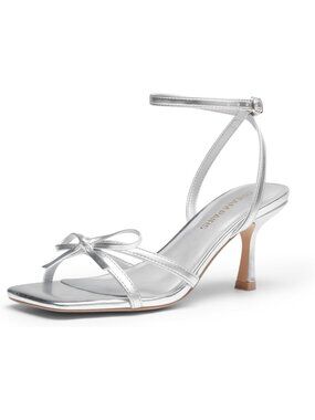Women's Kitten High Heels Sandals Square Toe Silver Strappy Bow Heel Dress Shoes